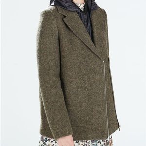 ZARA SAGE GREEN TWEED PEACOAT WITH ZIPPERS